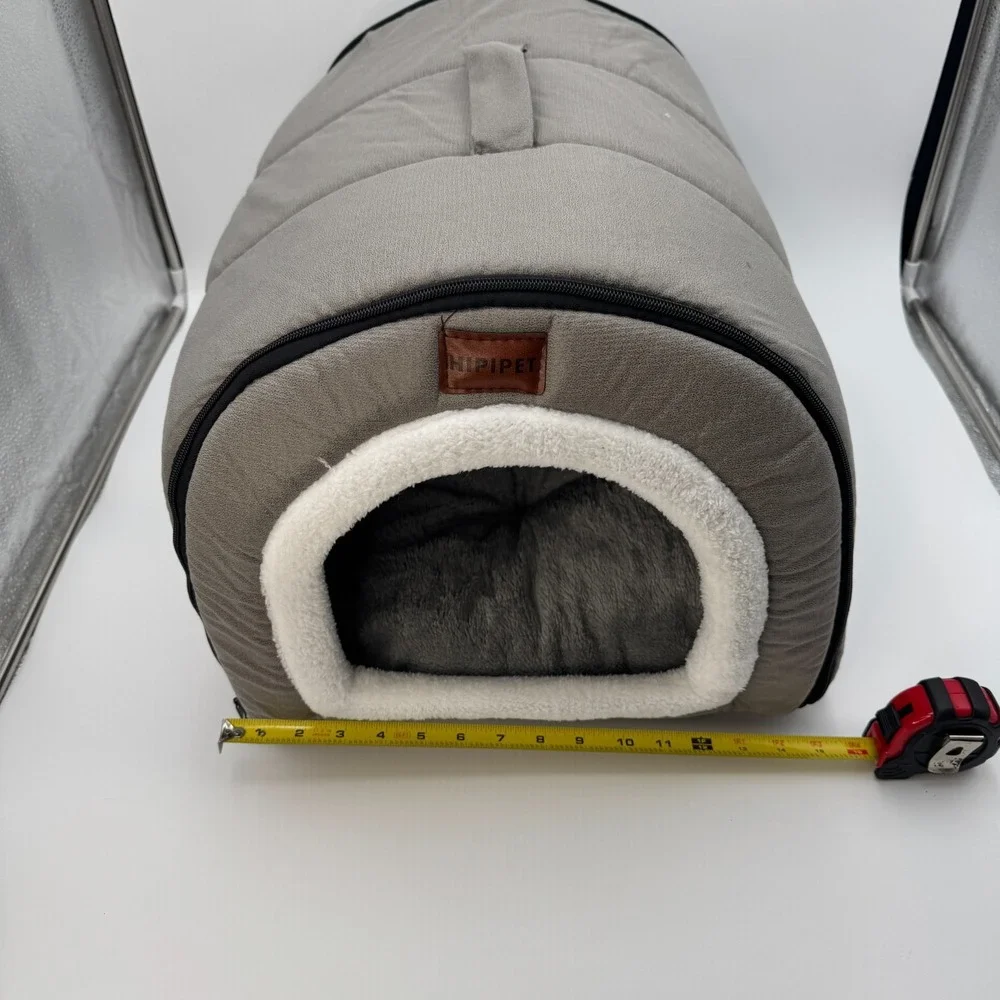 Gray Plush Tunnel Cat Bed with Removable Cushion